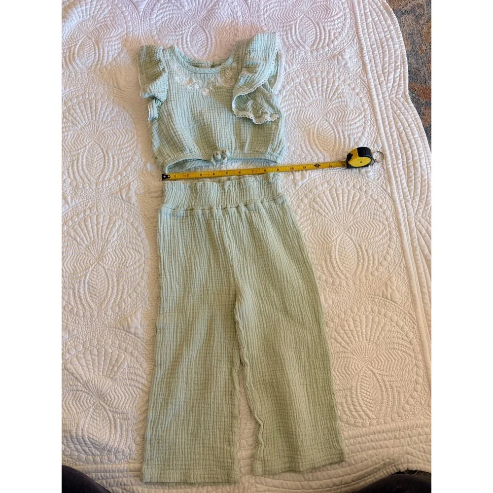 Little Girls Matching Waffle Knit Pant Set, Rachel Zoe, Green White, Size 4T